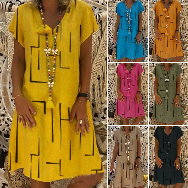 【50% OFF】【S-5XL】Haljina od pamuka i lana s V-izrezom i printom